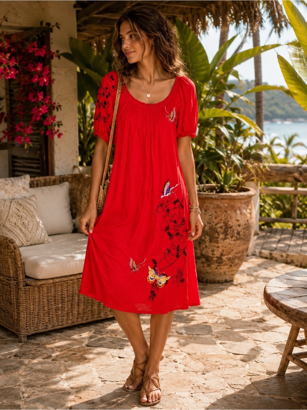 JW Los Angeles Johnny Was Red Multi Floral Butterfly Embroidered Dress Small